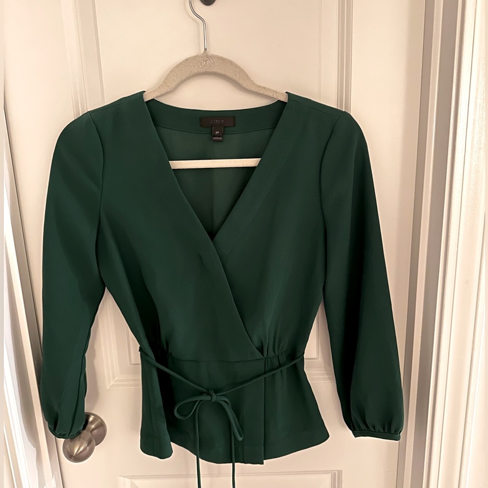 JCrew Emerald Green V-Neck Peplum Blouse in size 0P